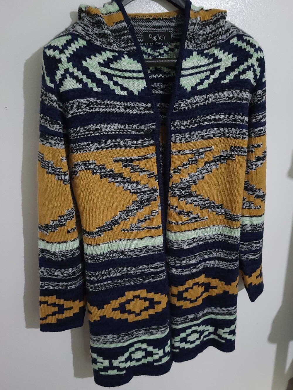 Papillon Aztec Southwestern Knit Hooded Cardigan Navy Mustard Size S
